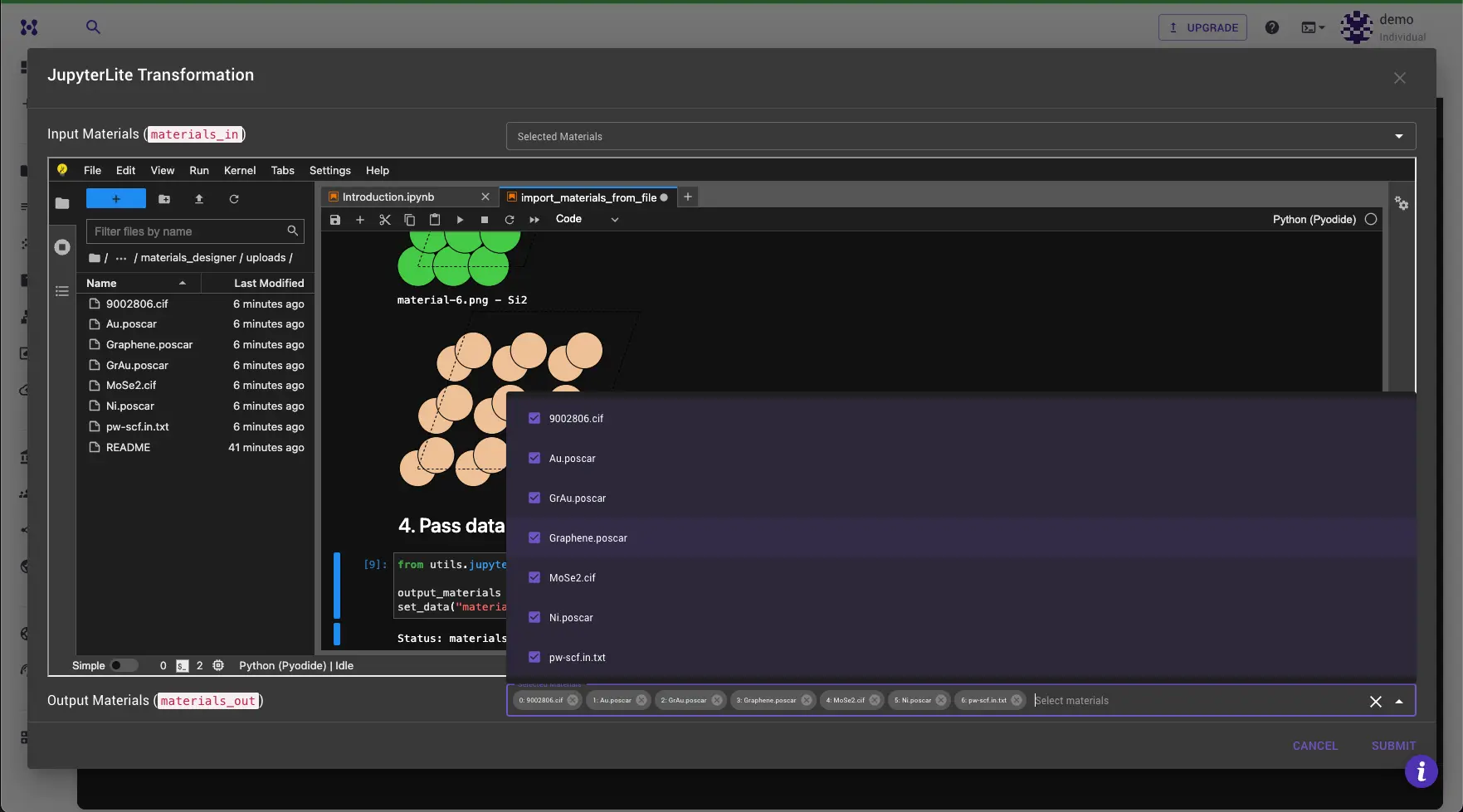 JupyterLite Transformation dialog with materials_out dropdown populated
